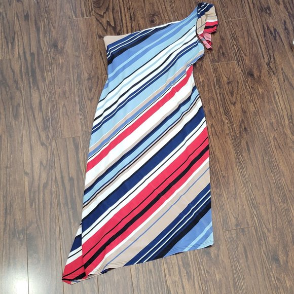BCBGMaxazria One Shoulder Midi Dress Multicolor Striped Asymmetrical Hem S - Picture 2 of 10